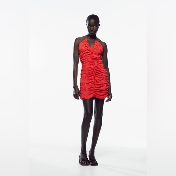 NWT Zara Red Jacquard Draped Halter Dress Sz M - Picture 1 of 3